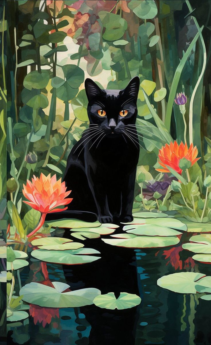 a painting of a black cat sitting in the water with lily pads and flowers around it