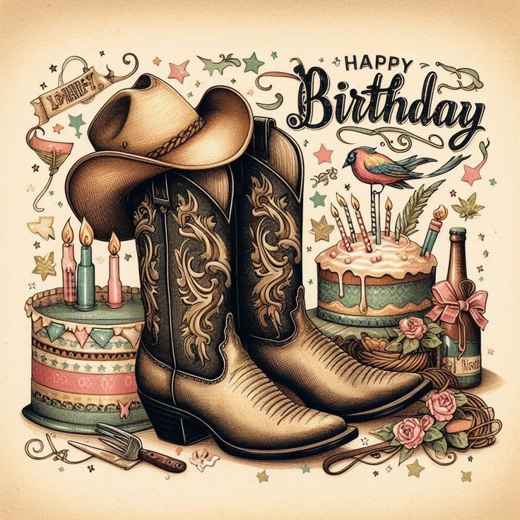 a birthday card with cowboy boots, candles and cake on the bottom says happy birthday