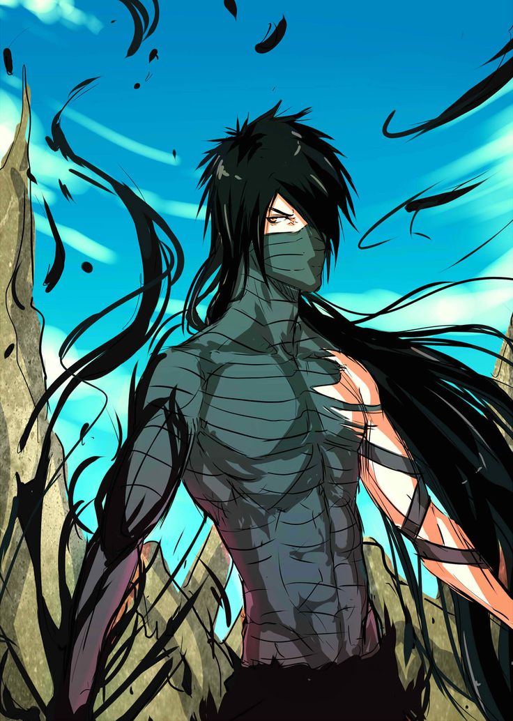 an anime character with long black hair standing in front of blue sky and clouds, holding his hands behind his back