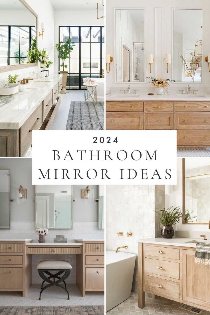 bathroom mirror ideas that are in different styles and sizes, with the text overlaying them