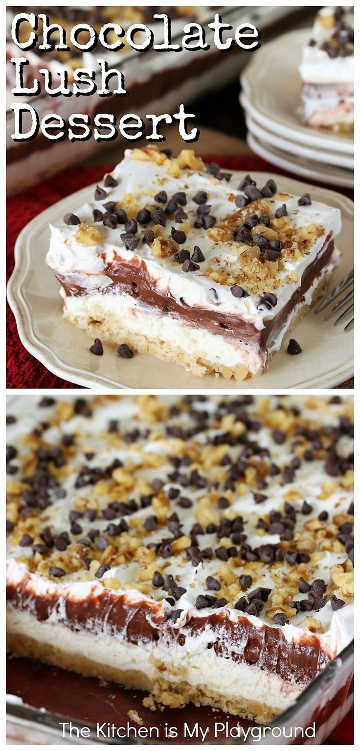 chocolate and cream dessert on a plate with the title above it