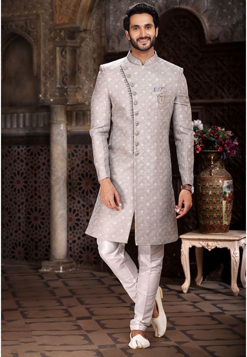 Silver Grey Banarasi Jacquard Indo Western Groom Sherwani, Mens Sherwani, Shapewear Dress, Potli Bag, Wedding Sherwani, Chinese Collar, Light Green Color, Teen Girl Dresses, Men Wear