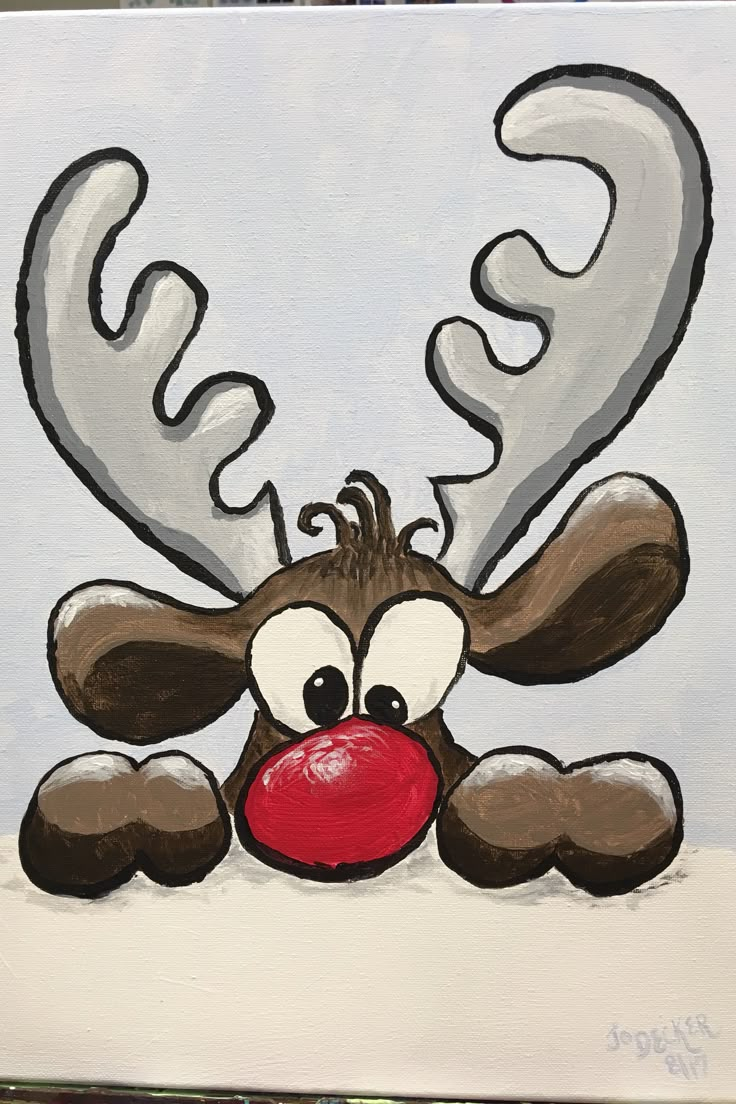 a painting of a reindeer with a red nose