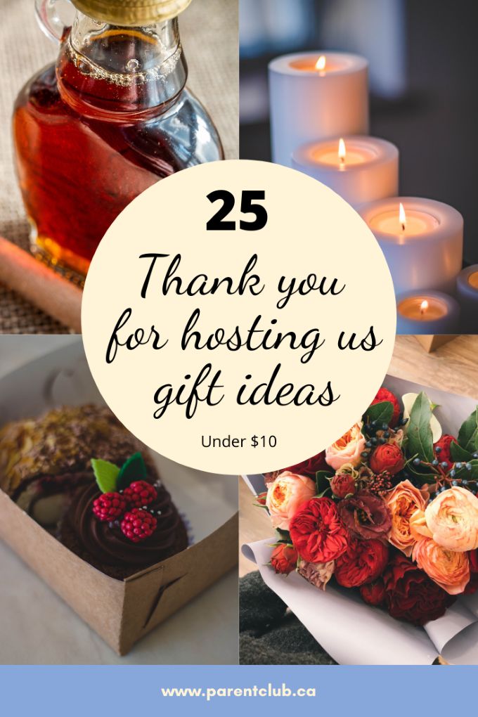 the words 25 thank you for hosting us gift ideas under $ 10 are surrounded by candles and flowers