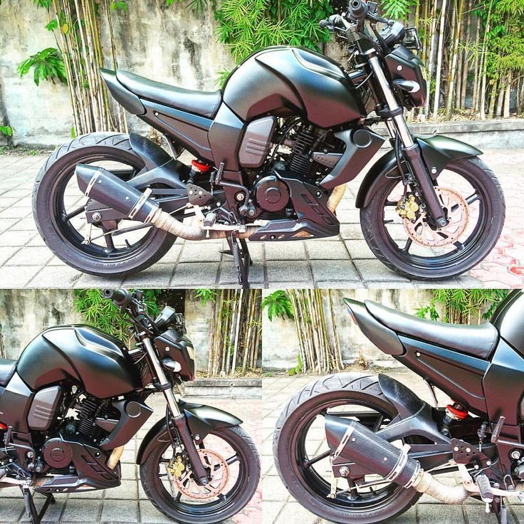 two pictures of a black motorcycle parked next to each other