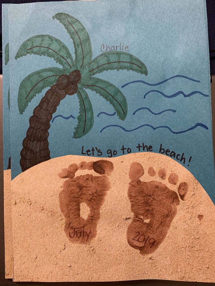 a hand and foot print in the sand next to a palm tree with words let's go to the beach