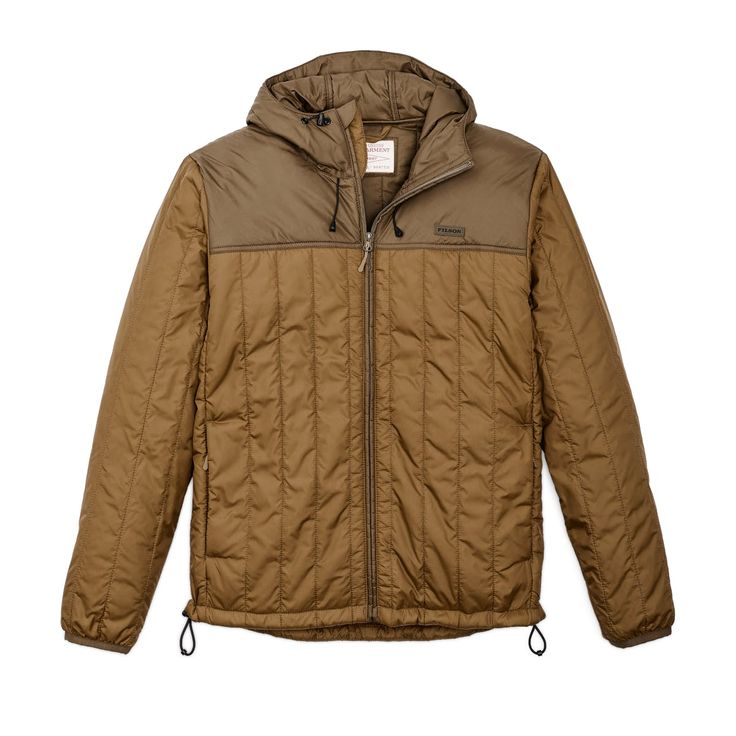 Made with a 1.5-oz. Cordura® ripstop nylon shell and insulated with 60g PrimaLoft® Gold, the Filson Ultra-Light Hooded Jacket is highly packable and surprisingly warm—made to be worn solo or as an insulating mid-layer in colder temperatures. Because PrimaLoft® Gold retains 98% of its warmth when wet, it boasts unmatched versatility in any weather. The full-length zipper has a zipper garage, so it’s comfortable when zipped all the way to the chin. The elastic cuffs and drawcord-adjustable hood and hem ensure a snug fit that seals in warmth, and zippered, Moleskin-lined handwarmer pockets add even more warmth and comfort. Features an interior zippered security pocket and a double layer of fabric over the yoke for durability. | Filson Ultralight Hooded Jacket GldOchrBch Size XS Midweight Nylon Windproof Windbreaker, Midweight Nylon Windbreaker Windproof, Outdoor Nylon Windbreaker With Fleece Lining, Brown Hooded Nylon Puffer Jacket, Nylon Windbreaker With Fleece Lining For Outdoor Activities, Nylon Outerwear With Fleece Lining For Outdoor Activities, Nylon Puffer Hooded Jacket For Outdoor Activities, Insulated Nylon Windbreaker For Hiking, Hooded Nylon Outerwear For Camping