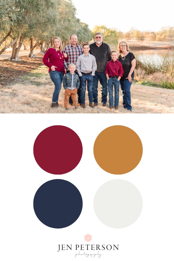 a family standing in front of some trees with the colors red, white and blue