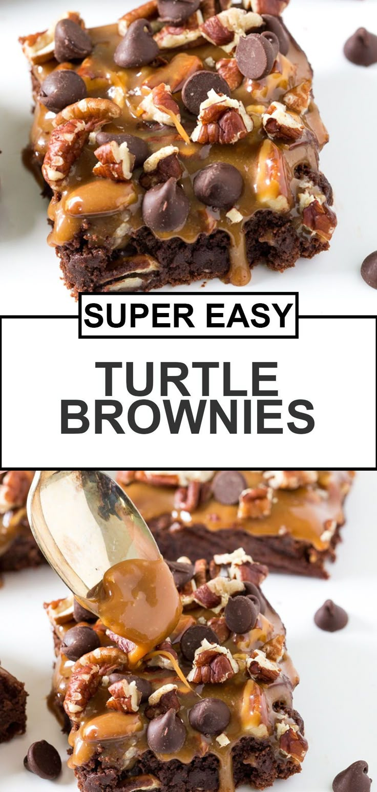 the best turtle brownies are made with chocolate chips, pecans and caramel