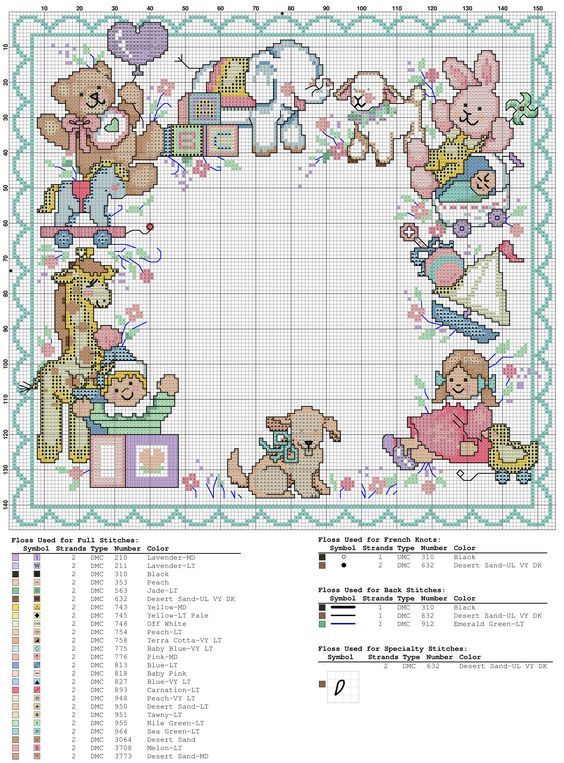 a cross stitch pattern with teddy bears and other items on it's side, in the shape of a frame