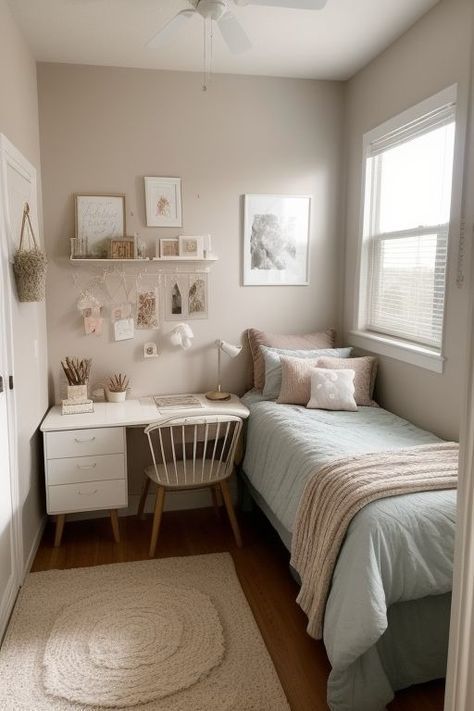 a bedroom with a bed, desk and chair in the corner next to a window