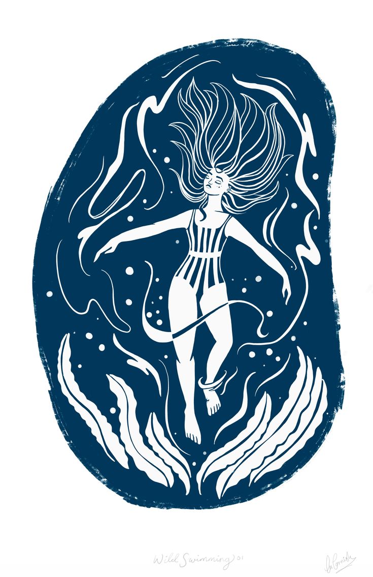 a drawing of a woman holding a surfboard in the ocean with waves and bubbles around her