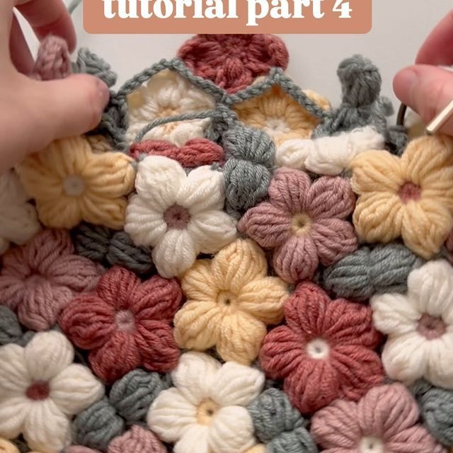 two hands crocheting flowers on top of each other with text overlay that reads, how to crochet the flower petals part 4