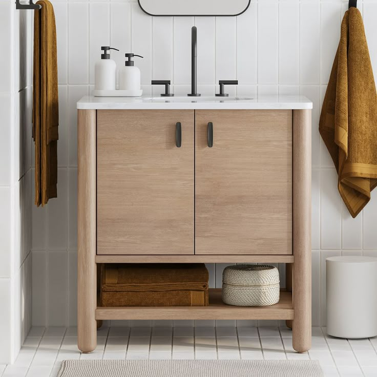 a bathroom with a sink, mirror and towel rack