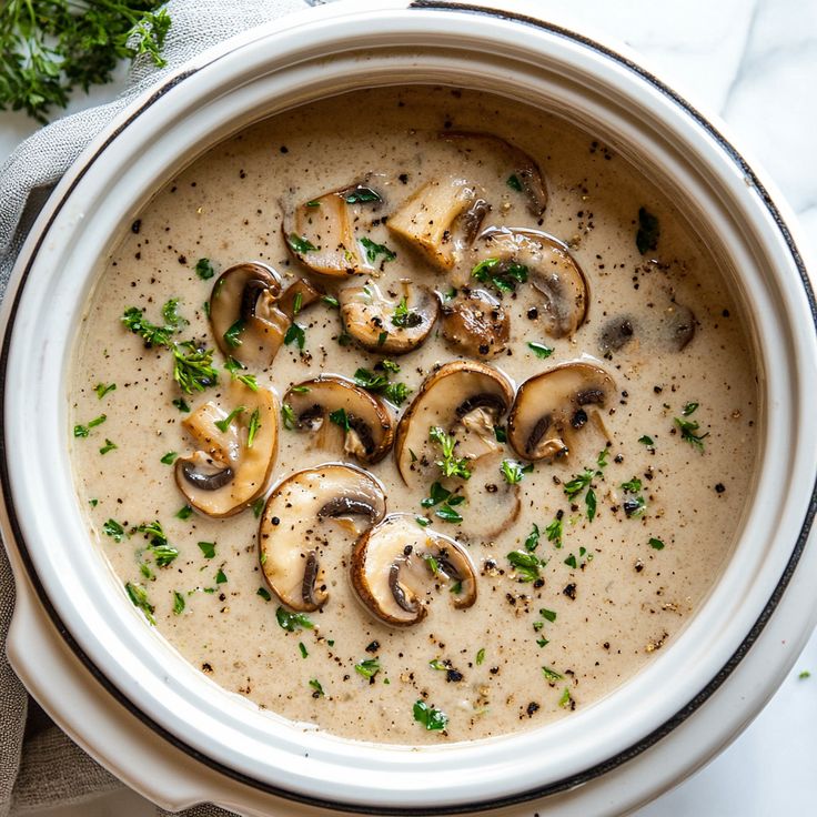 a white bowl filled with mushroom soup and garnished with parsley