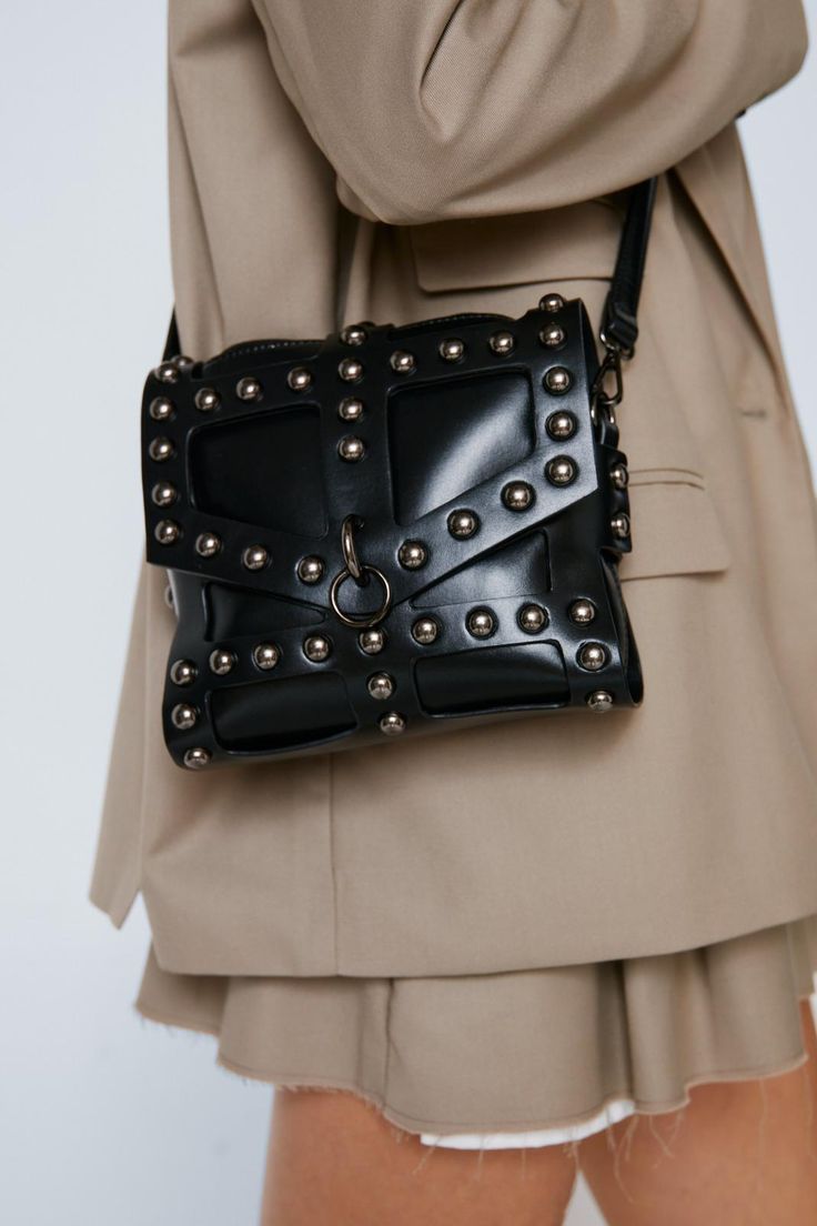 Punk Style Bag With Rivets For Daily Use, Everyday Studded Bags, Riveted Satchel Shoulder Bag, Everyday Tote Bag With Rivets, Chic Shoulder Bag With Rivets For Everyday Use, Trendy Leather Bags With Hardware, Chic Everyday Shoulder Bag With Rivets, Chic Crossbody Shoulder Bag With Rivets, Chic Rivets Crossbody Shoulder Bag