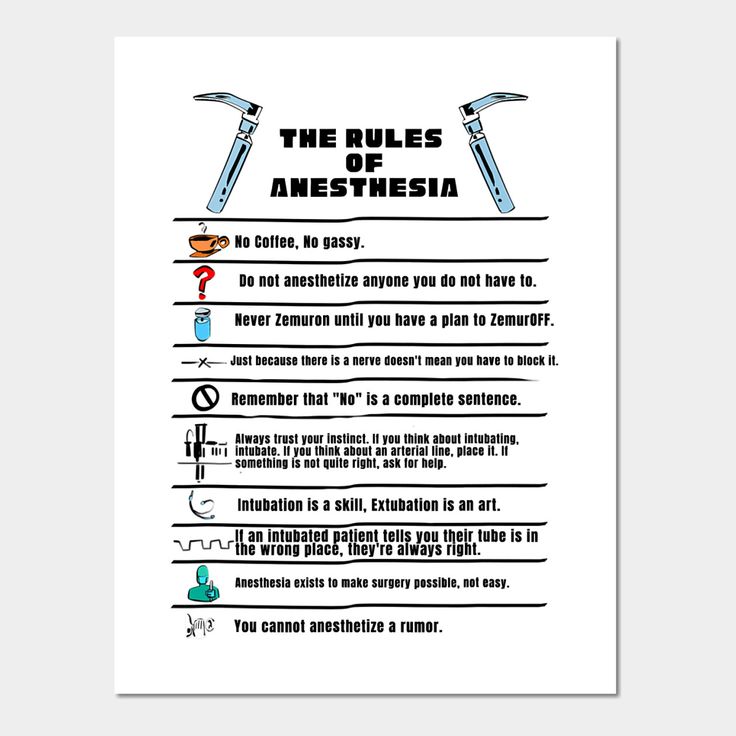 the rules of anestmesia poster on a white background with black and blue lettering