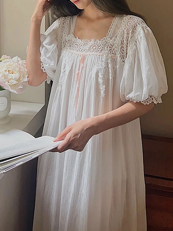 Women French Fairy Nightgowns Vintage Princess Nightdress Lace Mesh Cotton Short Sleeve Loose Biblical Clothing, Summer Sleepwear, Linen Fashion, Vintage Princess, Streetwear Tops, French Women, Fairy Dress, Nightgowns, Floor Length Dresses