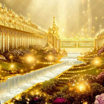 an artistic painting of a fairy tale scene with flowers and lights in the foreground