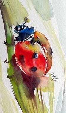 a watercolor painting of a ladybug on a plant