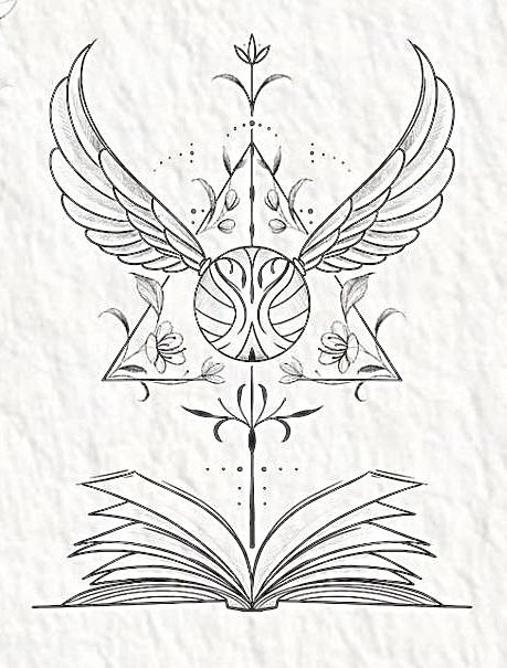 an open book with wings and a triangle