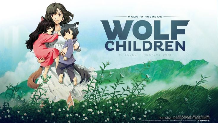 the poster for wolf children is shown with two girls and a cat on their back