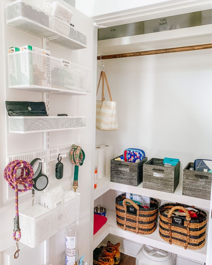 an organized pantry with baskets and other items