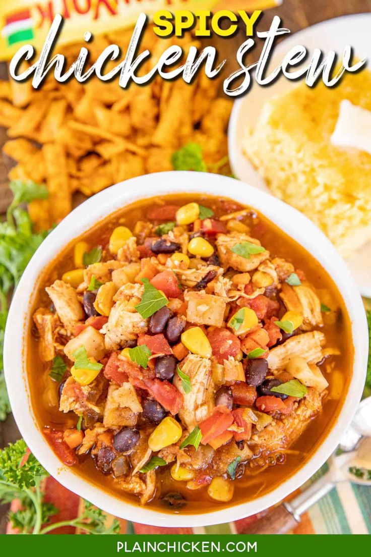 a white bowl filled with chicken stew and garnished with cilantro peppers