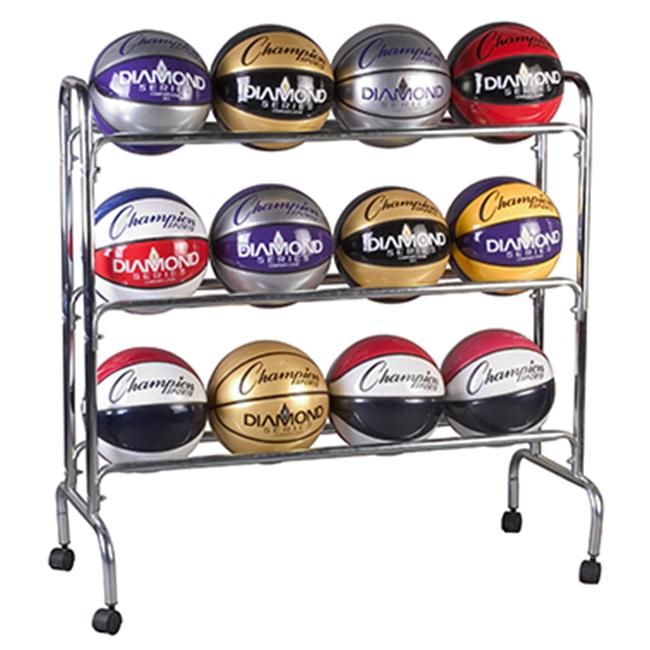 a rack with basketballs on it and other sports balls sitting on top of it