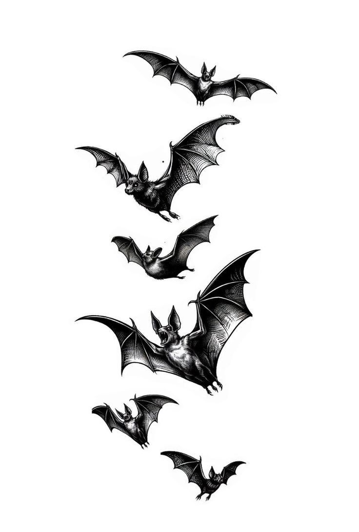 three bats flying in the air on a white background