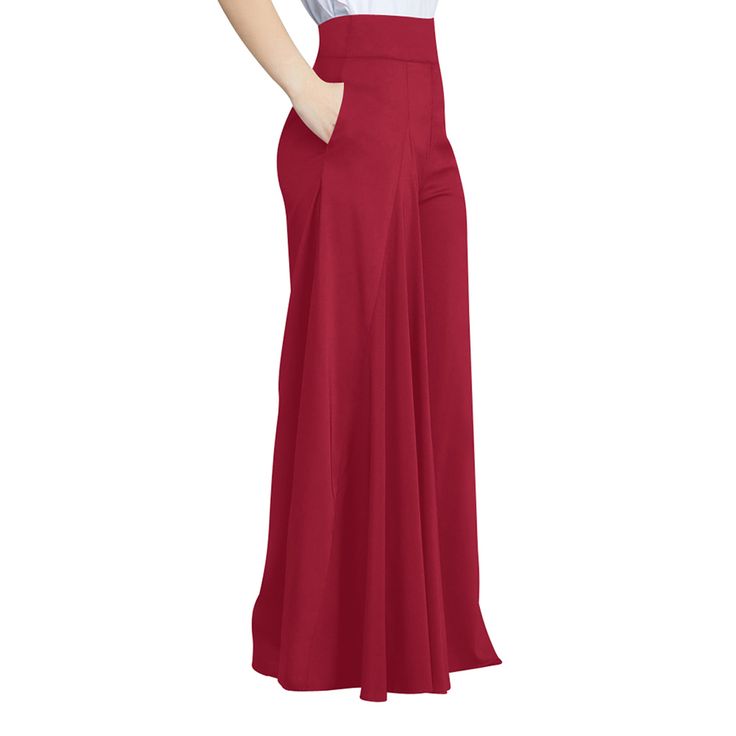 Red Pleated Wide Leg Long Pants Non-stretch High Waist Burgundy Pants, Red Pants For Workwear, Elegant Red Full-length Dress Pants, Non-stretch Red Pants, Chic Red Wide Leg Full Length Pants, Chic Red Wide Leg Dress Pants, Chic Red Full Length Wide Leg Pants, Red Wide Leg Dress Pants For Spring, Burgundy Wide Leg Bottoms For Spring