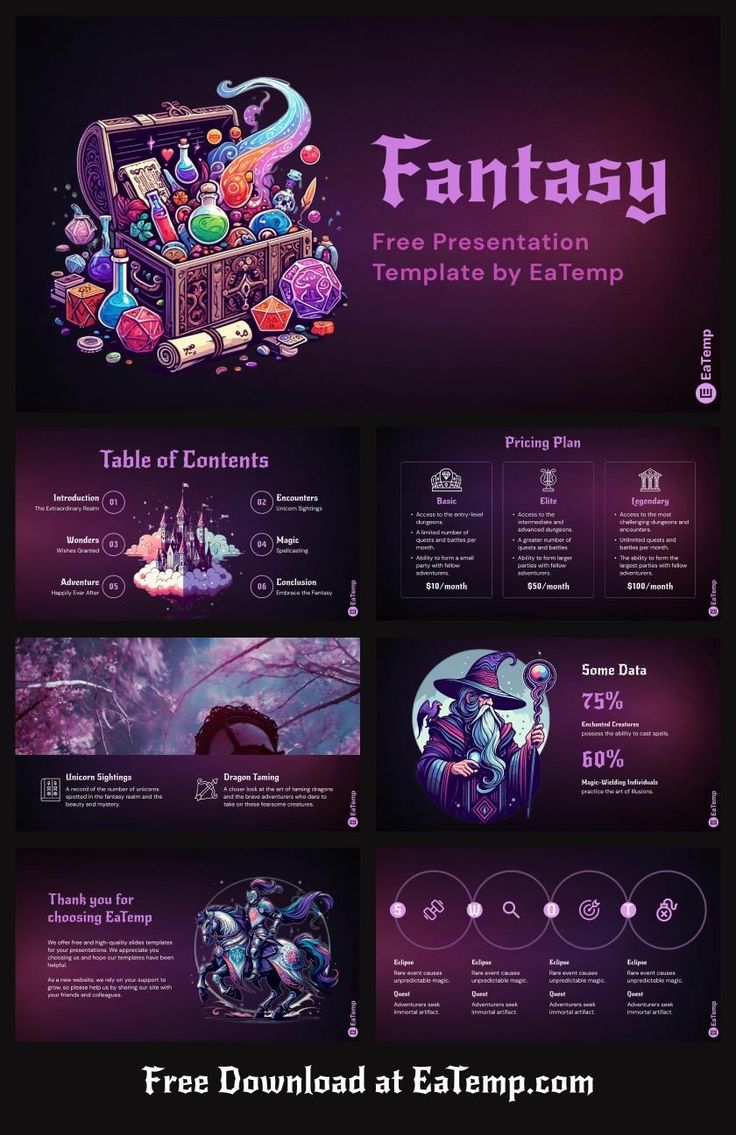 the fantasy powerpoint presentation is shown in purple and black colors, with an image of a