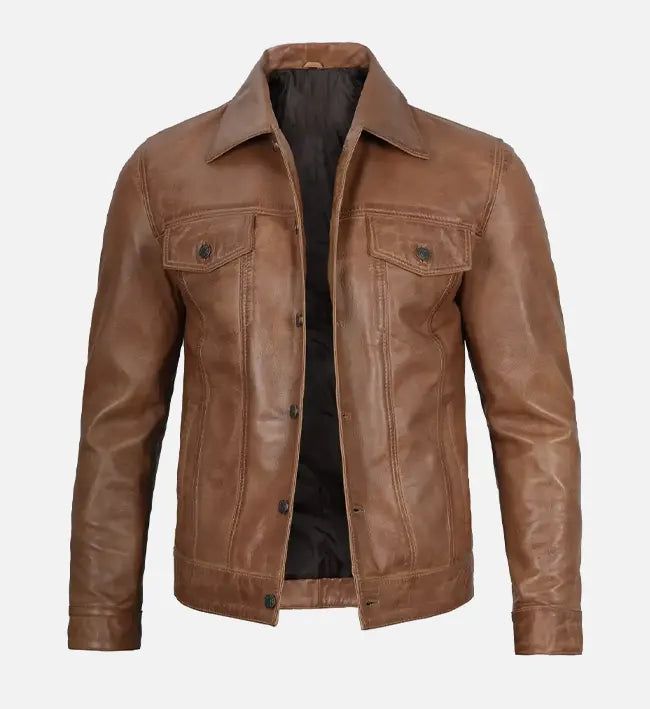 The Men's Camel Brown Trucker Leather Jacket is a classic piece to have in your wardrobe. This jacket is made from opulent sheepskin leather and has a deep, warm color that goes well with any outfit. Its traditional trucker design is both fashionable and practical, with big pockets and a streamlined fit. Product Specification Material and lining: The outer part of this jacket is made of first-class sheepskin leather, while the internal side is lined with polyester to give it a luxurious feel. It External Design, Maroon Leather Jacket, Cuffs Shirt, Pink Leather Jacket, Green Leather Jackets, White Leather Jacket, Blue Leather Jacket, Maroon Leather, Big Pockets