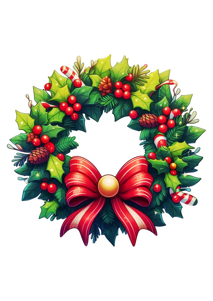 a christmas wreath with holly leaves, berries and a red bow on it's side