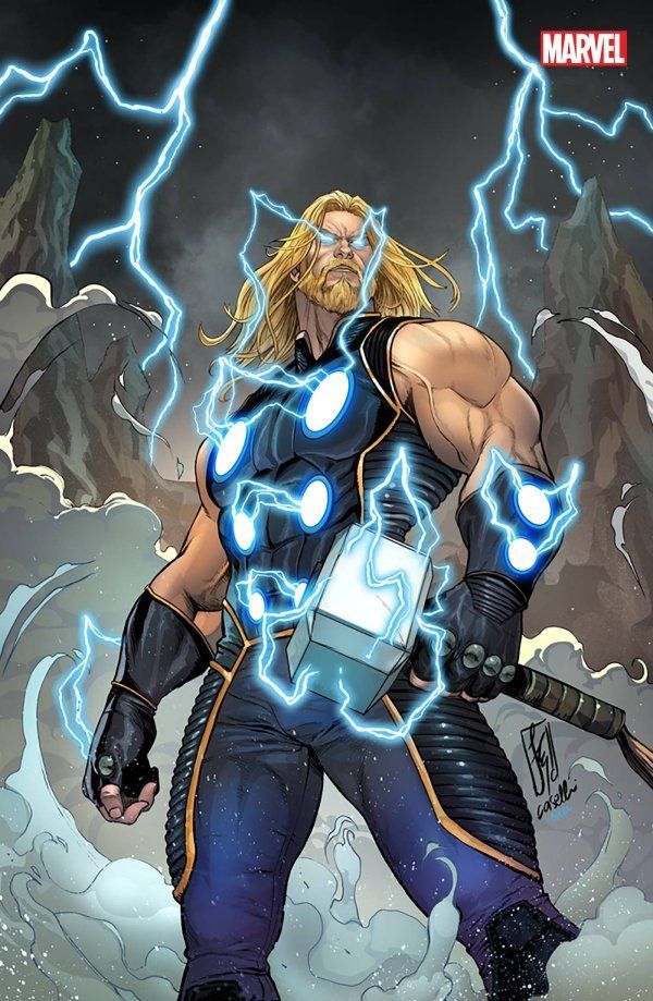 the cover to thor's new comic book, featuring an image of than - man holding