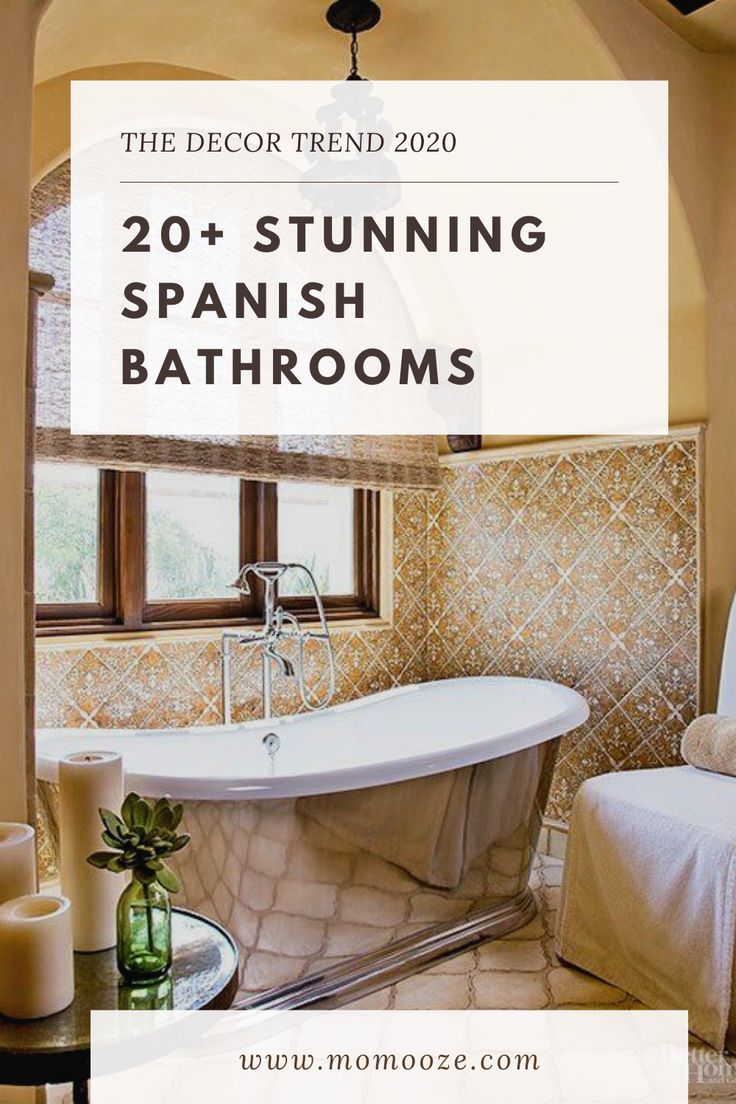 a bathroom with a bathtub and candles on the table in front of it is an advertisement that reads, the decor trend 2020 20 stunning spanish bathrooms