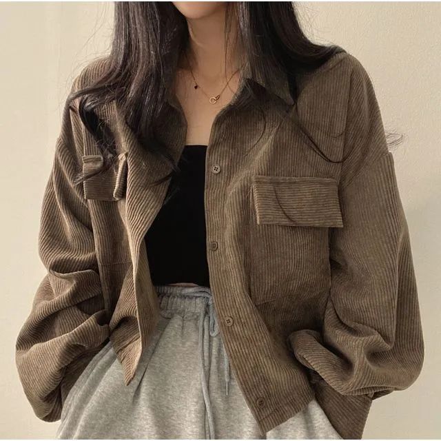 Corduroy Blouse, Summer Coats, Corduroy Coat, Streetwear Shirts, Korean Fashion Casual, Cropped Tops, Summer Jacket, Brown Jacket, College Fashion