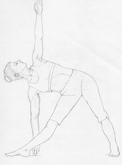 a pencil drawing of a woman doing a yoga pose with her hands in the air