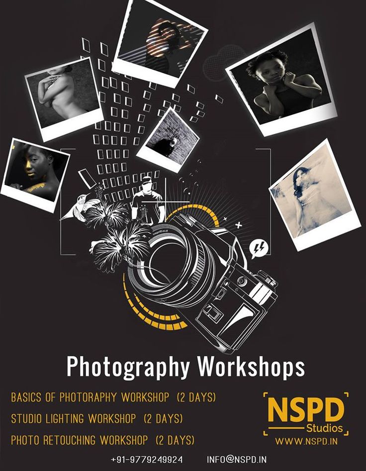 a poster for photography workshop with photos and text on it's black background, which includes