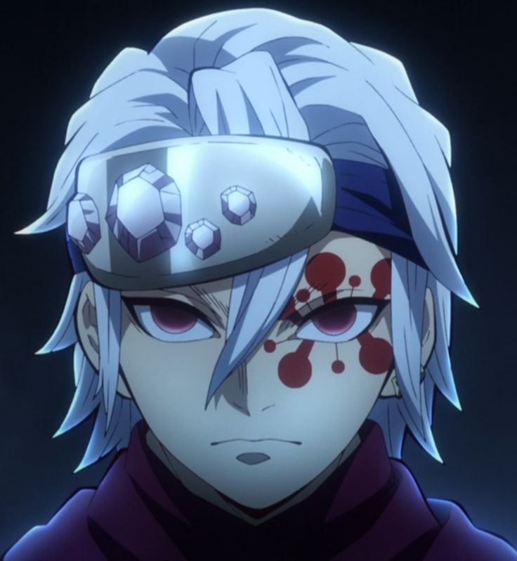 an anime character with white hair and blood on his face is staring at the camera