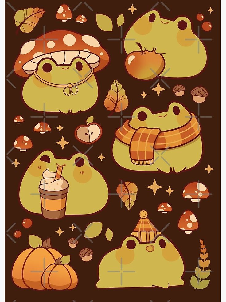 an image of some cartoon characters on a brown background with autumn leaves and pumpkins