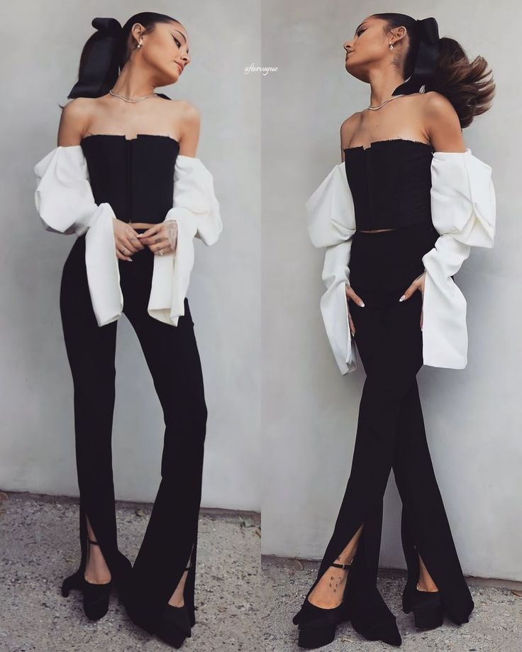 two women in black and white outfits, one with an off the shoulder top on