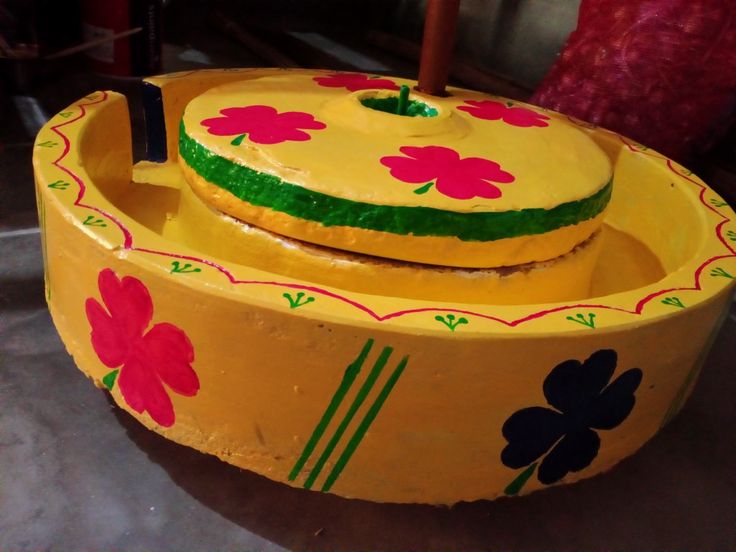 a yellow bowl with flowers painted on it