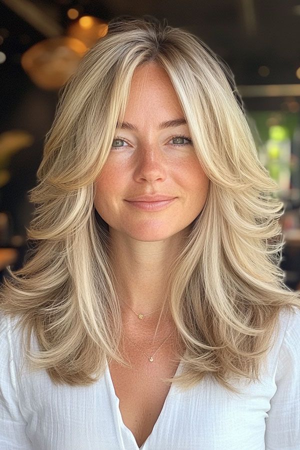 Layered Haircut With Side Part, Multiple Layers Haircut Medium, Butterfly Haircut Over 50, Long Layered Hair Front View, Long Layered Hair 2024, Side Part 90s Hair, 90s Layered Long Bob, Fine Hair Layers Medium, Butterfly Haircut Blonde