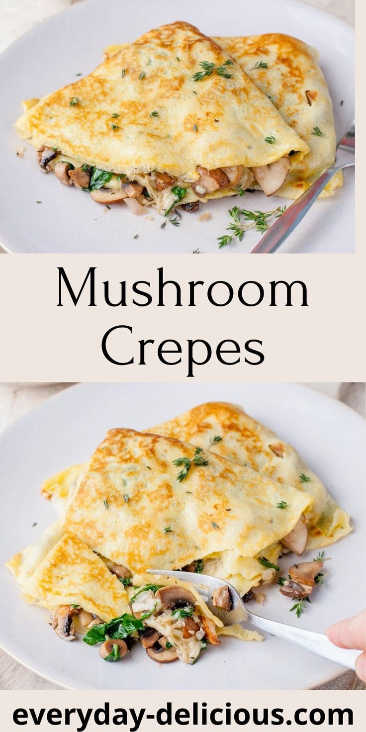 two plates with omelets on them and the words mushroom crepes above it