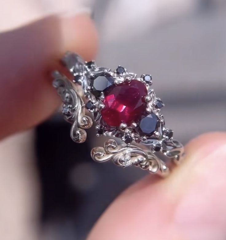 Gothic Engagement Ring Red, Victorian Gothic Wedding Ring, Black And Red Wedding Rings Sets, Dark Fairytale Wedding Ring, Wedding Ring Goth, Dark Red Wedding Ring, Blood Diamond Ring, Wedding Ring Gothic, Dark Wedding Rings Women