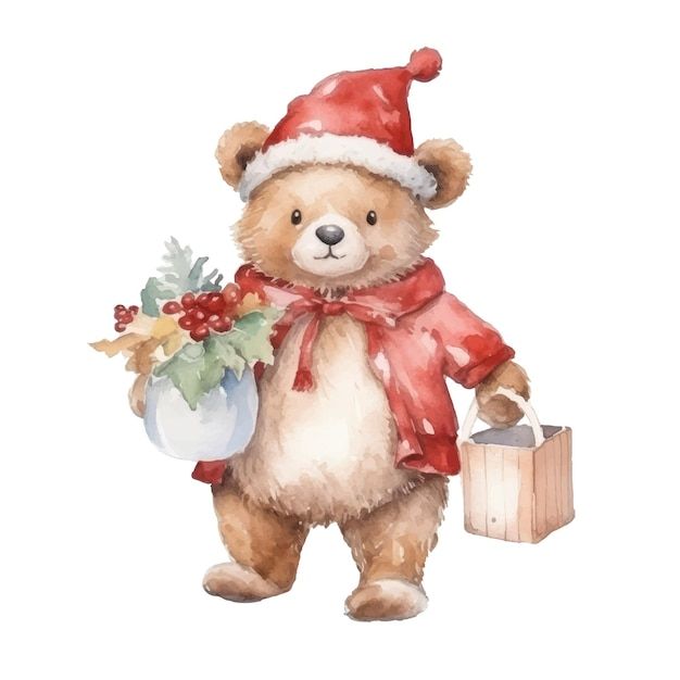 a watercolor painting of a teddy bear holding a christmas ornament and wearing a santa hat