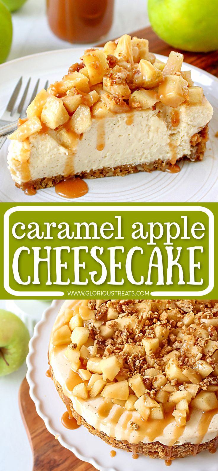 an image of caramel apple cheesecake on a plate