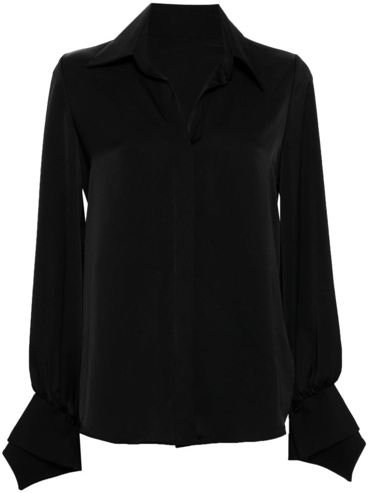 black notched collar V-neck front button fastening long sleeves flared cuffs curved hem Sleek Black Tops With Button Cuffs, Sleek Long Sleeve Black Blouse, Elegant Black Collared Blouse, Elegant Black Top With Button Cuffs, Chic Black Tops With Cuffed Sleeves, Chic Black Top With Cuffed Sleeves, Classic Long Sleeve Black Blouse, Classic Black Long Sleeve Blouse, Black Long Sleeve Blouse With Button Cuffs