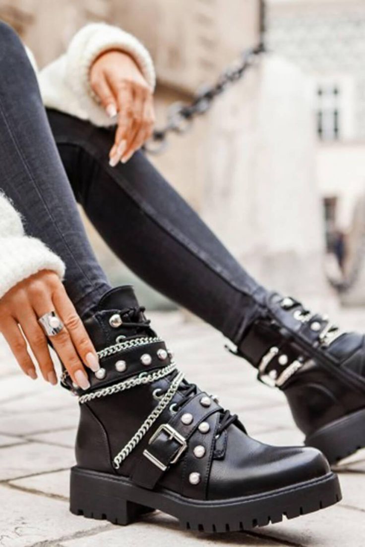 Lace-Up Ankle Moto Boots - Fashionsarah.com Boots With Buckles, Leather Motorcycle Boots, Pu Boots, Punk Boots, Trendy Boots, Shoes Boots Ankle, Pu Heels, Rounded Toe Boots, Casual Heels